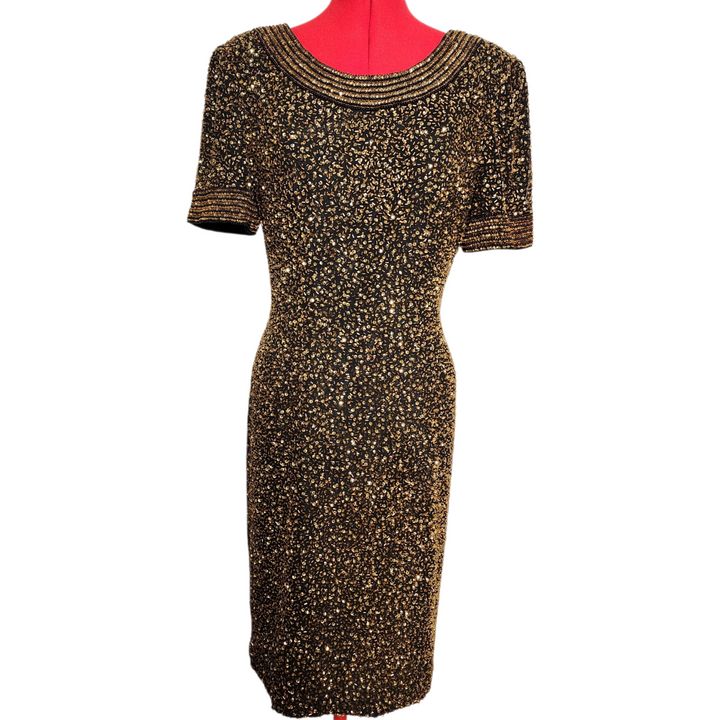 Vintage 1980s NiteLine by Della Roufogali Black Silk Beaded Cocktail Dress  Gold Sequin Party Dress  Size 12