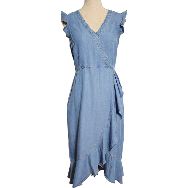 Karl Lagerfeld Paris Denim Midi Dress Women’s Size 6 Blue Lyocell Ruffle Wrap V-Neck