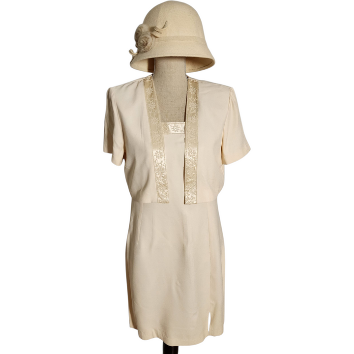 Vintage 90s Petite Perceptions by Irene B Cream Dress & Jacket Set Size 10 Beaded Trim Mother of the Bride