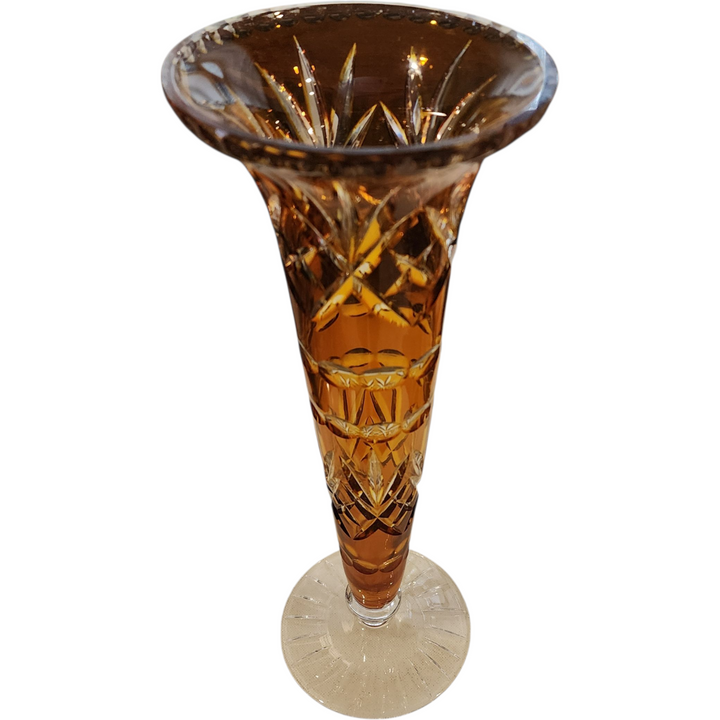 Vintage Amber Cut-to-Clear Crystal Trumpet Vase Hand Cut Bohemian Crystal