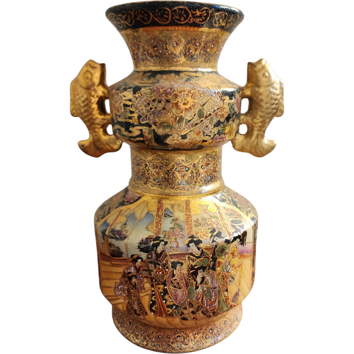 Vintage Chinese Satsuma Vase Hand Painted Porcelain with Gilt & Geisha Scene Mid-20th Century