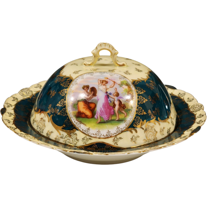 Antique Carlsbad Austria Porcelain Covered Cheese Dish Hand Painted Classical Scene Green & Gold, c.1890s