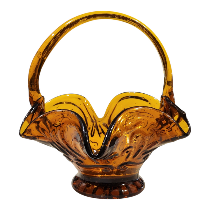 Vintage Amber Pressed Glass Basket Swirled Ruffled Edge with Handle Mid-Century Decorative Glass