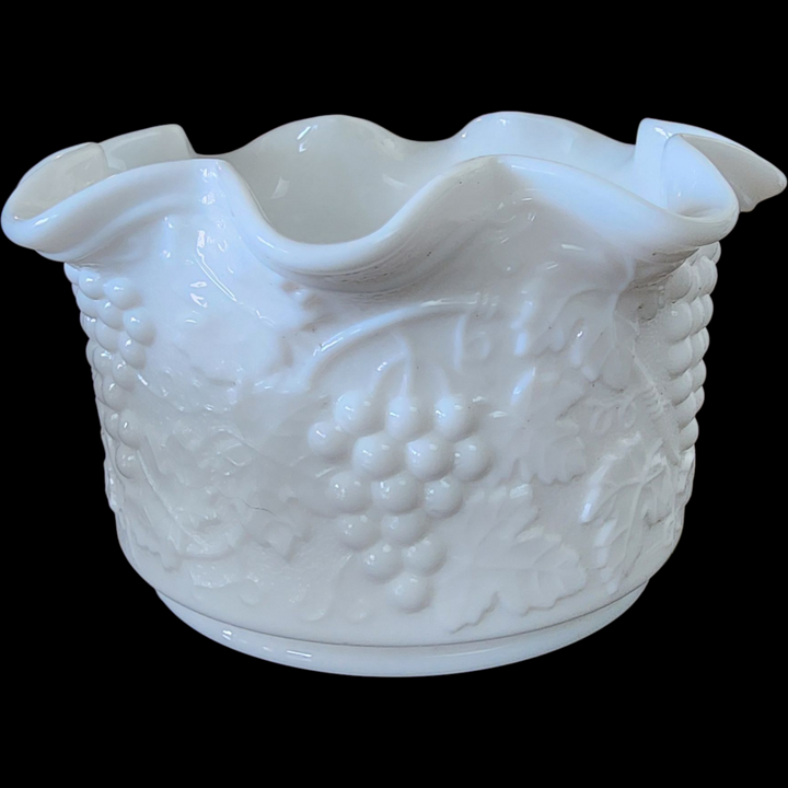 Imperial Glass-Ohio Milk Glass 5" Round Crimped Bowl Grapevine & Leaf Pattern, Vintage