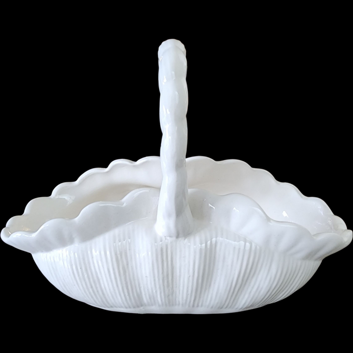 Vintage Signed White Ceramic Basket Handmade Scalloped Pottery w Twisted Handle Evelyn T. 1990)