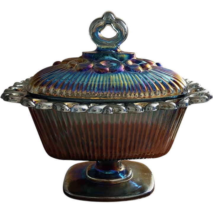 Vintage Indiana Glass Princess Blue Carnival Iridescent Pedestal Candy Dish with Lid  Daisy Rim Ribbed Body