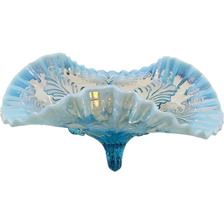 Fenton or Dugan Blue Opalescent Fern Glass Bowl with Ruffled Edge & Three Feet Vintage Art Glass