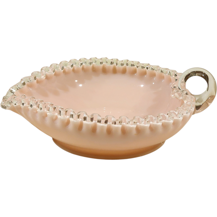 Fenton Pink Milk Glass Silver Rose Crest Heart Bonbon Dish with Handle Vintage Ruffled Edge Candy Bowl