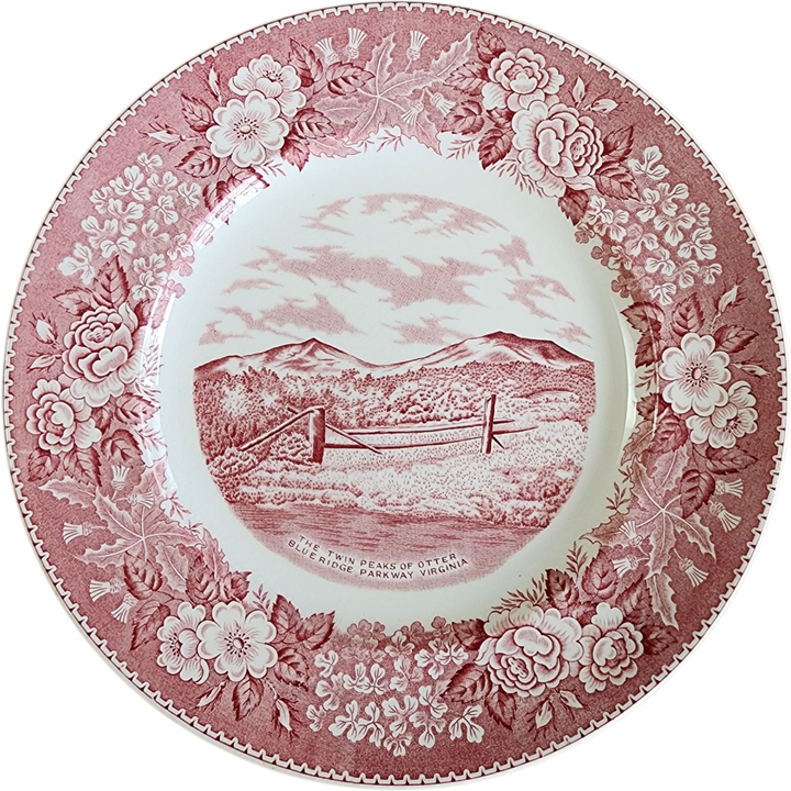 Adams Staffordshire Souvenir Plate Twin Peaks of Otter Blue Ridge Parkway Virginia Red Transferware