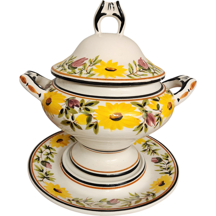 Vintage Portuguese S.A. Leart Ceramic Tureen with Lid & Underplate Pand-Painted Sunflowers