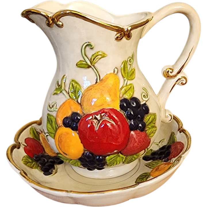 Vintage Majolica Pitcher & Bowl Wash Set Hand Painted Fruit & Gold Trim