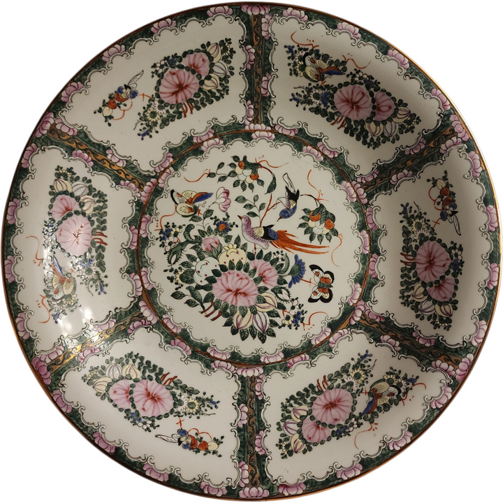Vintage Andrea by Sadek 15.5" Famille Rose Charger Plate Large Hand Painted Porcelain with Birds & Flowers