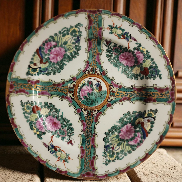 Vintage Chinese Rose Medallion Plate Hand Painted Famille Rose Export Porcelain Floral & Bird Design 10” Decorative Plat