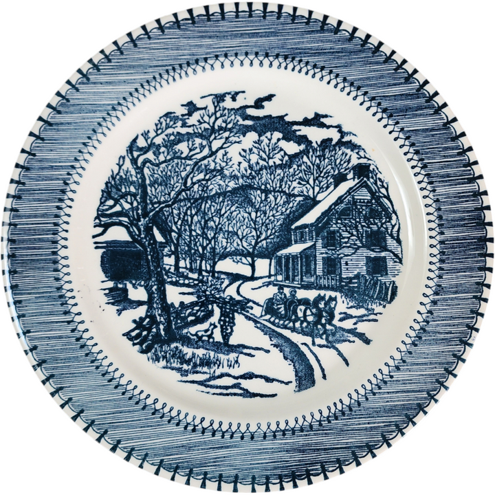 Vintage Knowles Currier & Ives Country Life Blue Transferware Plate Horse Drawn Sleigh Winter Scene – 10