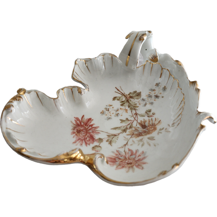 Antique Carl Tielsch C.T. Altwasser Porcelain Leaf Dish with Handle Hand-Painted Floral & Gold Gilded Circa 1890–191