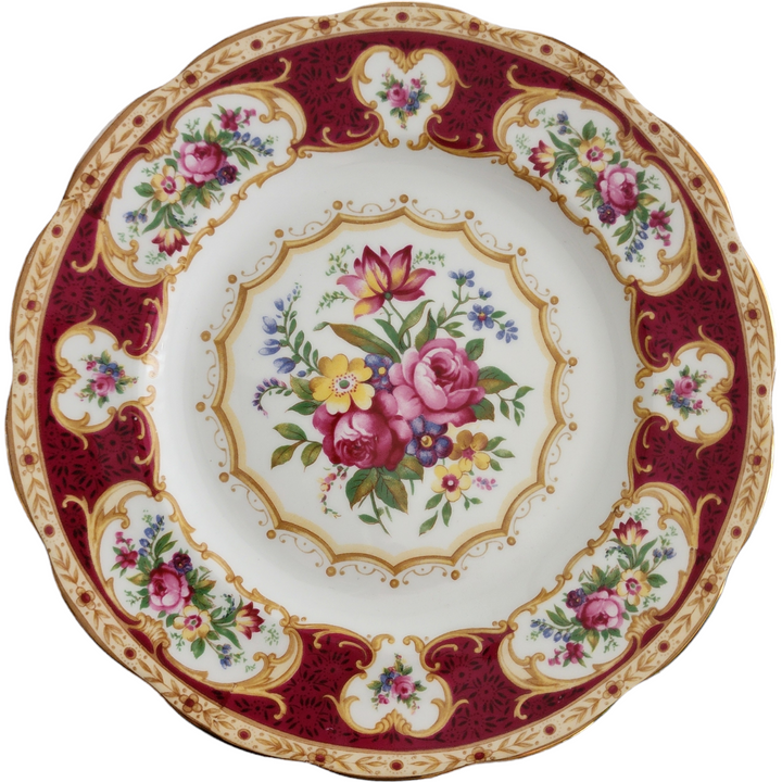 Royal Albert Lady Hamilton Bone China Plate Vintage England Red & Gold Floral with Roses 8.25