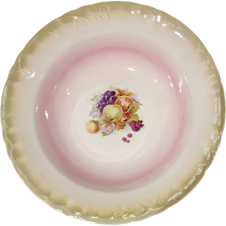 Vintage Porcelain Fruit Bowl Pink Ombre Scalloped Edge with Embossed Rim & Fruit Center Design 1920s–1940s Antique Serving Bowl