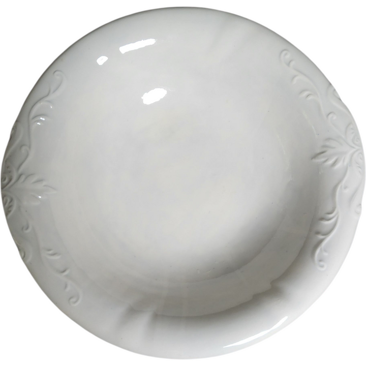 Antique White Ironstone Wash Basin Bowl Embossed Scroll & Floral Design Victorian Farmhouse Decor