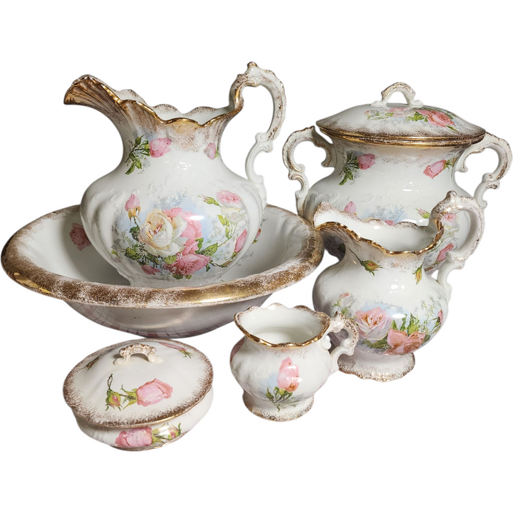 Antique Homer Laughlin Wash Basin & Pitcher Set 6 Pc Victorian Roses & Gold Trim Chamber Set