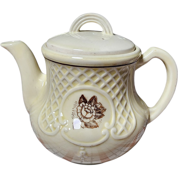 Vintage Pavilion Ivory Teapot with Brown Floral Design Lattice Pattern – Made in Japan