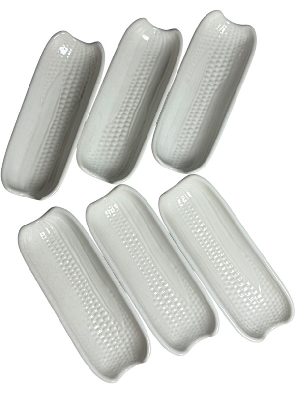 Vintage Pfaltzgraff Corn on the Cob Dishes  Set of 6 Ceramic Corn Trays, White Embossed Farmhouse Serveware
