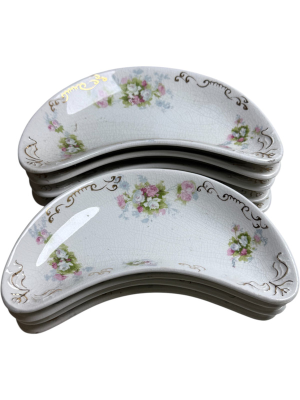 Antique J&G Meakin Crescent Side Plates Set of 9 Floral Bone Dishes with Pink Roses & Gilt Hanley England, 19th Century