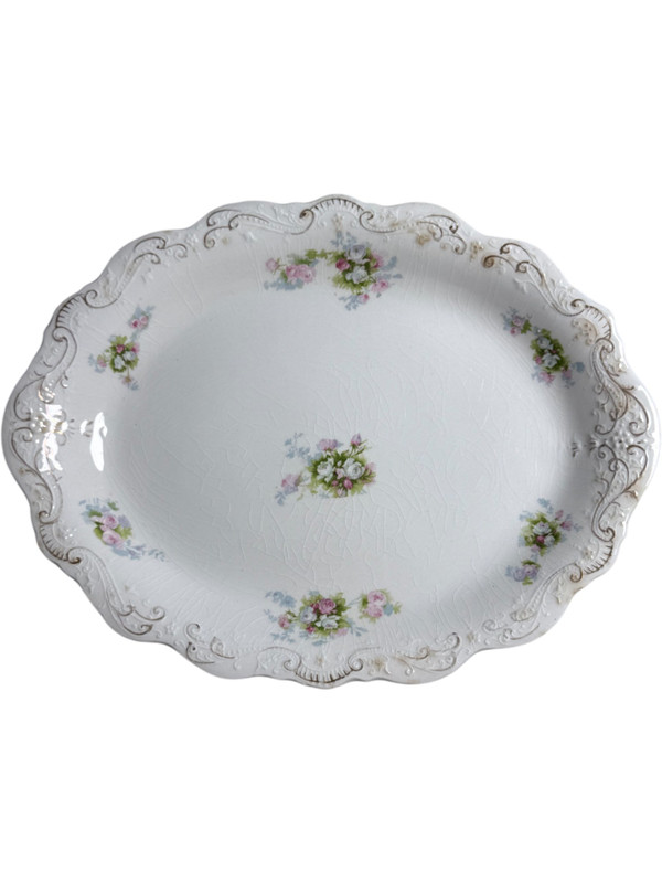 12" Antique J&G Meakin Hanley England Oval Serving Platter Floral Pink Rose Pattern with Gold Trim 19th Century Ironstone