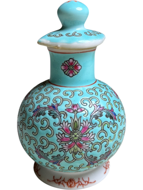 Mun Shou Chinese Famille Rose Turquoise Porcelain Jar with Lid Hand-Painted Floral Motif Marked Made in China