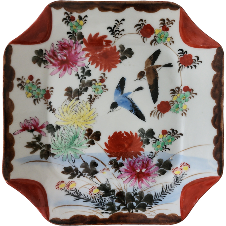 Antique Imari Style Octagonal Porcelain Plate Hand Painted Birds & Chrysanthemums 19th Century Asian Export