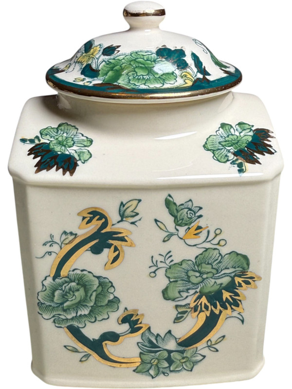 Mason’s Ironstone Ginger Jar with Lid Chartreuse Pattern Hand Painted & Gilded England Vintage Tea Caddy