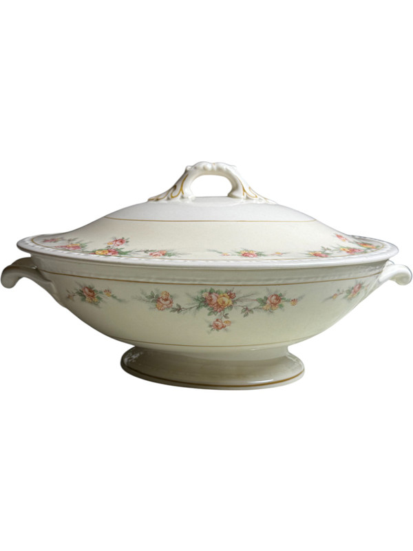 Antique Homer Laughlin Covered Soup Tureen Floral Rose Pattern Porcelain Serving Dish with Lid Gold Trim USA c.1900s