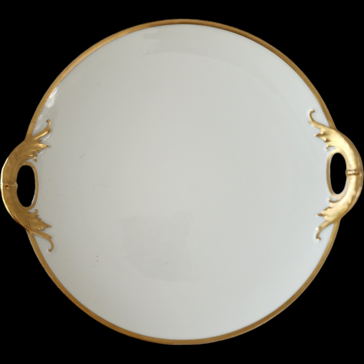 Haviland Silver Anniversary Handled Cake Plate Limoges France 16" White Porcelain with Gold Trim