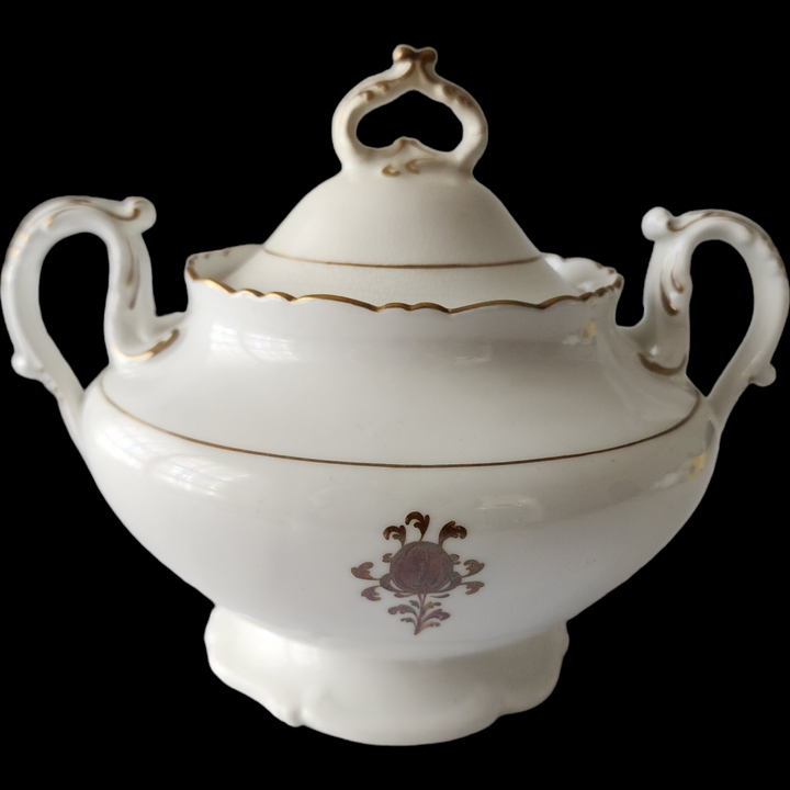 Antique English Staffordshire Covered Sugar Bowl Anchor Mark Porcelain c.1880s–1900s, Gold Scroll & Medallion