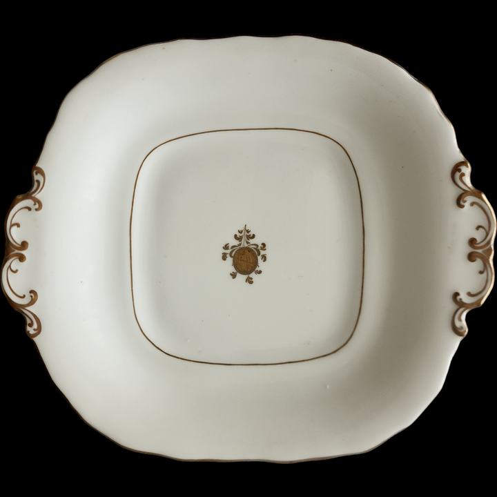 Antique Davenport Longport Staffordshire Handled Square Serving Dish Victorian Porcelain with Gold Medallion & Scroll Gilt c.1860s