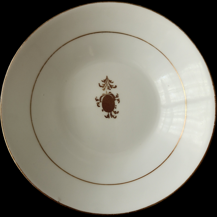 Antique Davenport Longport Staffordshire Soup Dessert Bowl White Ironstone with Gold Medallion & Gilt Trim Victorian c.1870s