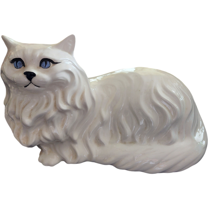 Vintage Large White Ceramic Persian Cat Figurine 17″ Long Mid-Century Feline Statue Blue Eyes Shabby Chic Home Decor