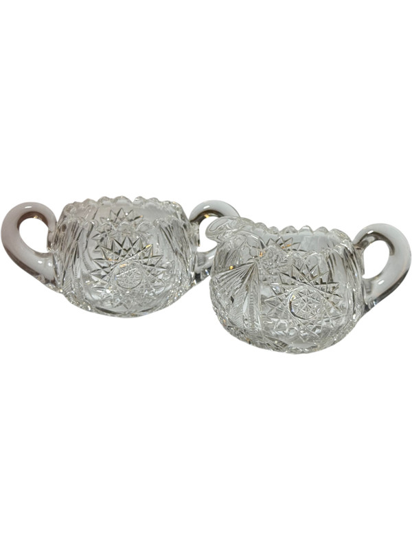 Antique American Brilliant Cut Glass Creamer & Sugar Bowl Set – ABP Heavy Crystal, Starburst & Hobstar Pattern, c.1900s