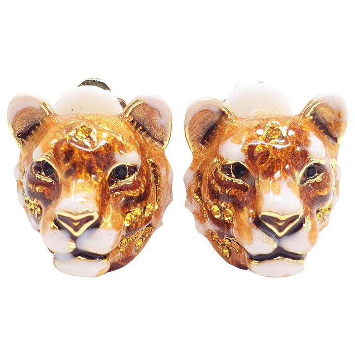 Jay Strongwater "Delightful" Enamel Tiger Head Clip On Earrings in Gold