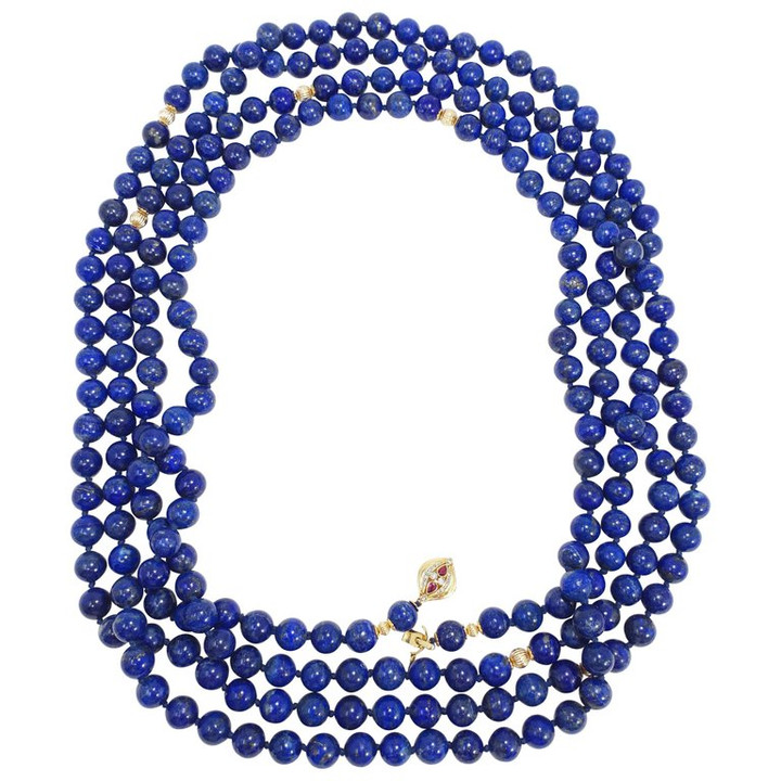Lapis Lazuli Long Rope Bead Necklace, 14 Karat Gold, Diamond and Ruby Gold Clasp