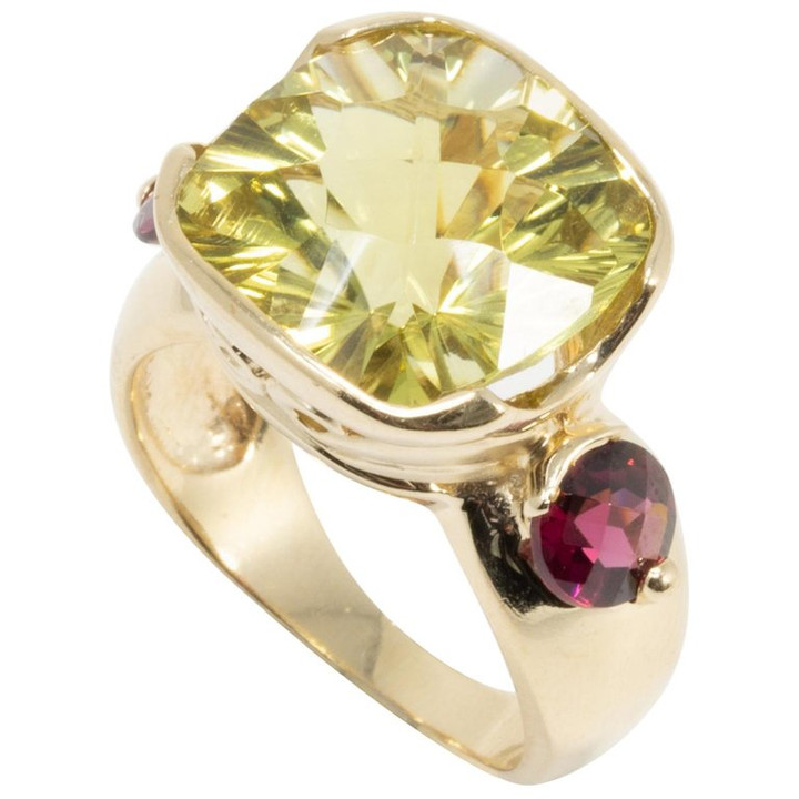 Certified Lemon Quartz and Garnet 14 Karat Statement Cocktail Ring, Band