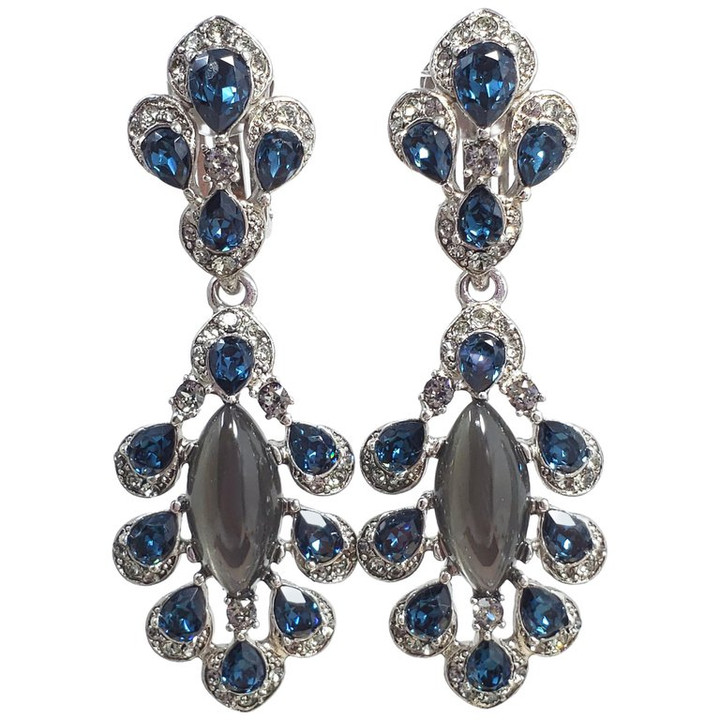Oscar de la Renta Parlor Crystal Drop Clip On Earrings, Blue, Gray, Silvertone