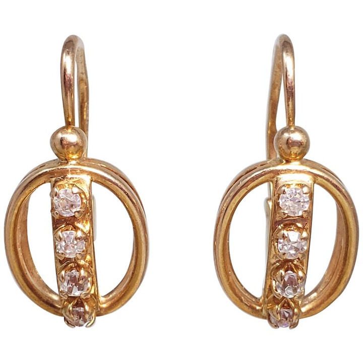 Soviet Era 583 Gold Fianit Russian Earrings Hinged Hook Closure, circa 1970s