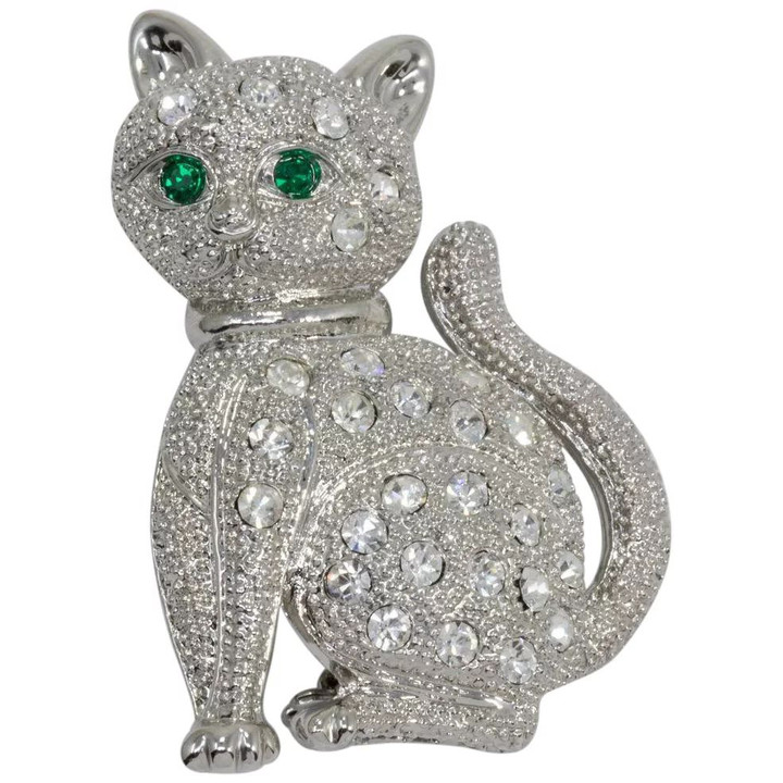 Vintage Unsigned Silvertone Rhinestone Cat Pin Brooch