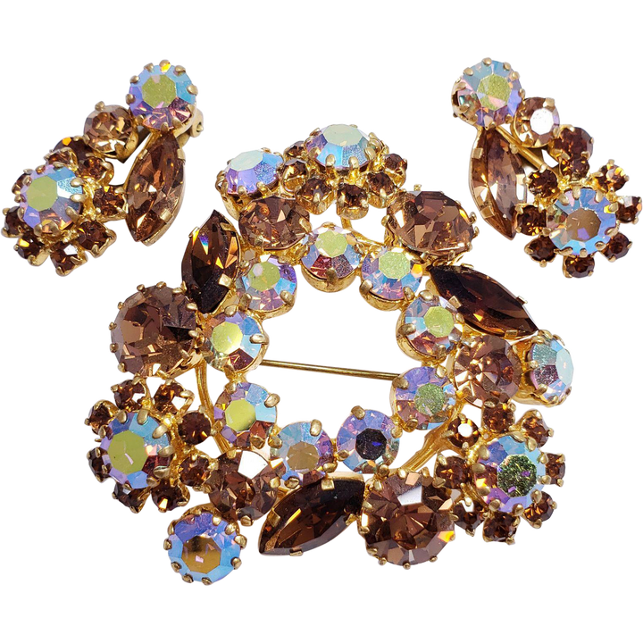 Austrian Aurora Borealis and Amber Colored Crystal Flower Brooch Pin, Clip On Earrings in Gold Tone