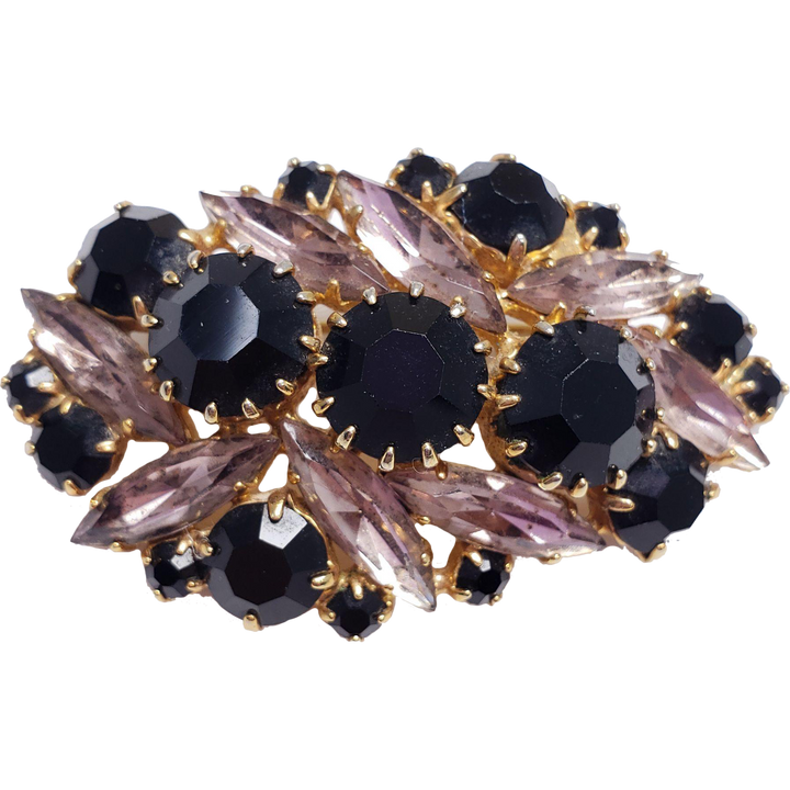 Rose and Jet Colored Prong Set Crystal Cluster Pin Brooch in Gold Tone