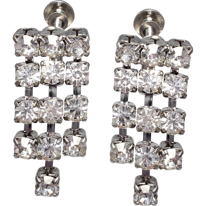 Art Deco Dangling Strand Clear Crystal Silver Tone Earrings, Screw Backs