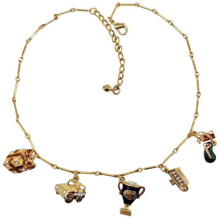 Kenneth Jay Lane Bar Link Charm Necklace in Gold, features Trophy, Car, Golf