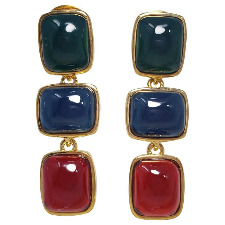 Kenneth Jay Lane KJL Multicolor Jelly Cabochon Gold Bezel Drop Dangle Earrings