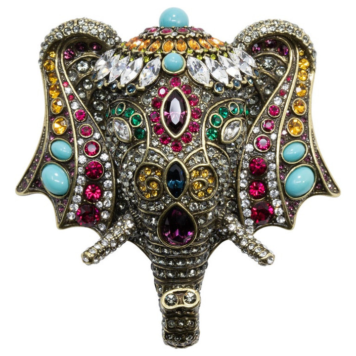 Heidi Daus Chic Sheik Jeweled Elephant Pin Brooch, Antique Brass Tone