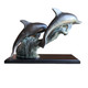 Antique Solid Bronze Twin Dolphins Sculpture on Wooden Pedestal Base